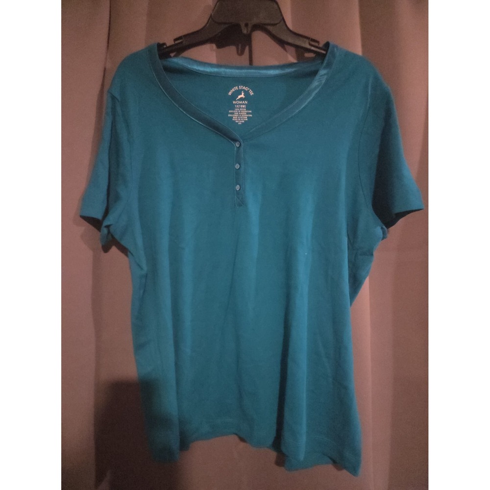 White Stag Shirt Womens XL M Blue Teal V-Neck Short Sleeve Metallic Neck